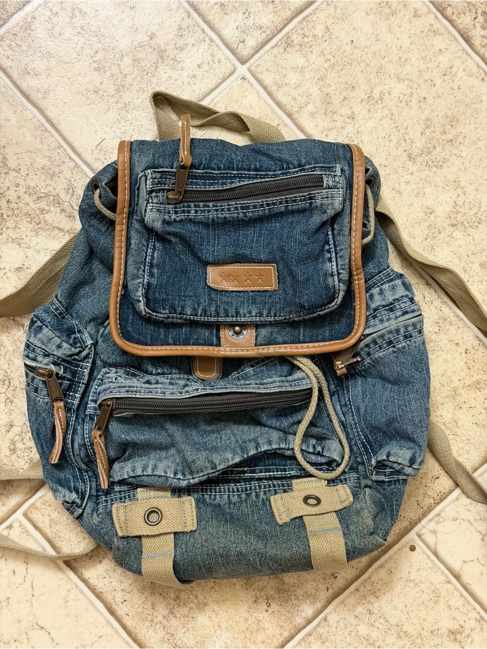 Denim Canvas Drawstring Backpack - Blue